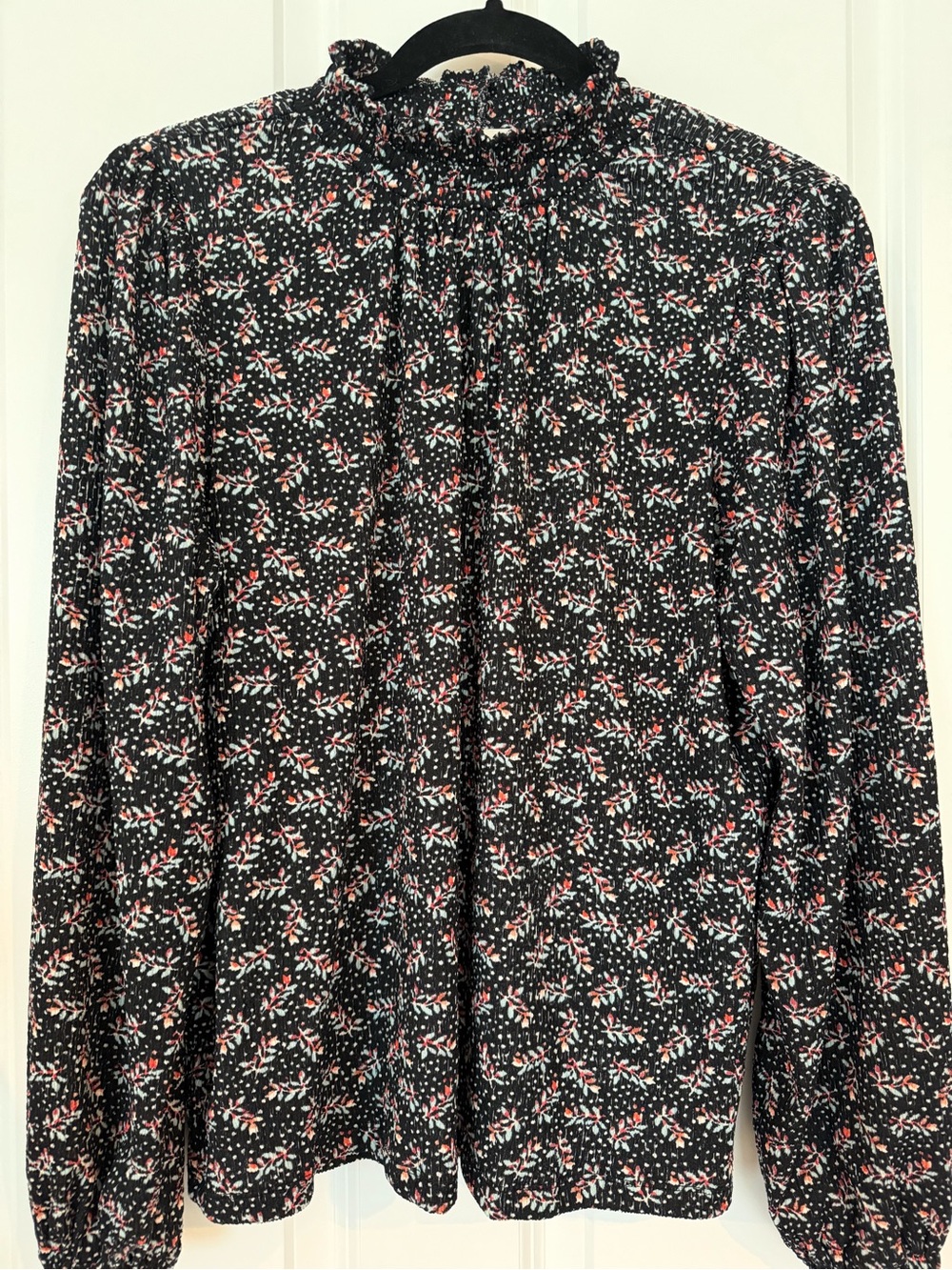 LOFT Black Floral Ruffle Neck Top with Pink and Mint Accents